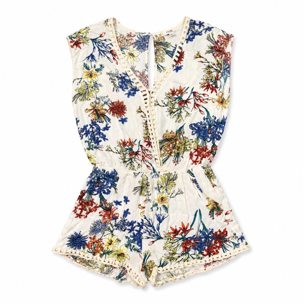 Umgee USA Floral Crochet Trim Romper Womens Large White V-Neck Sleeveless Boho